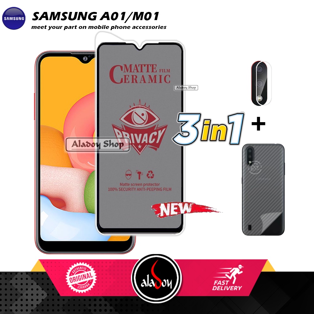 Tempered Glass Anti SPY Samsung A01/M01 Anti Gores Privacy + Tempered Glass kamera dan Skin Carbon