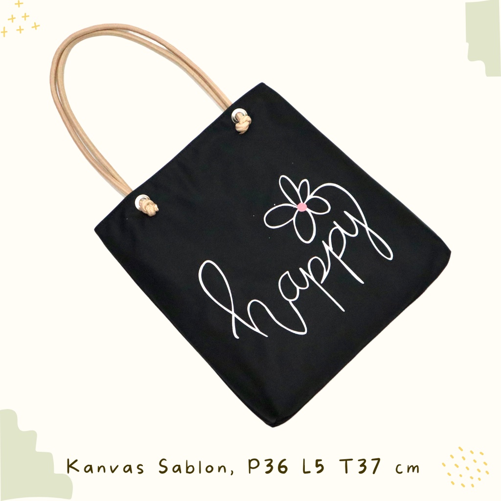 Totebag COD wanita / pria warna hitam bahan canvas tebal tali kuat halus Gambar Sablon Kekinian