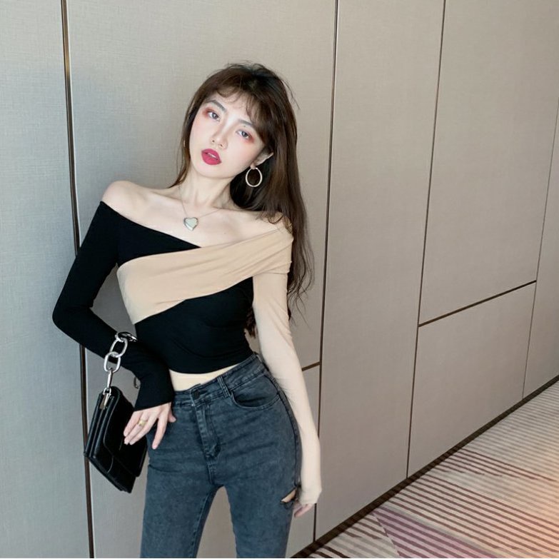 ☈┋Suhao keinginan murni hot girl one-shoulder bottoming kemeja musim dingin wanita pakaian dalam chic top in rasa desain ceruk pinggang T-shirt pendek