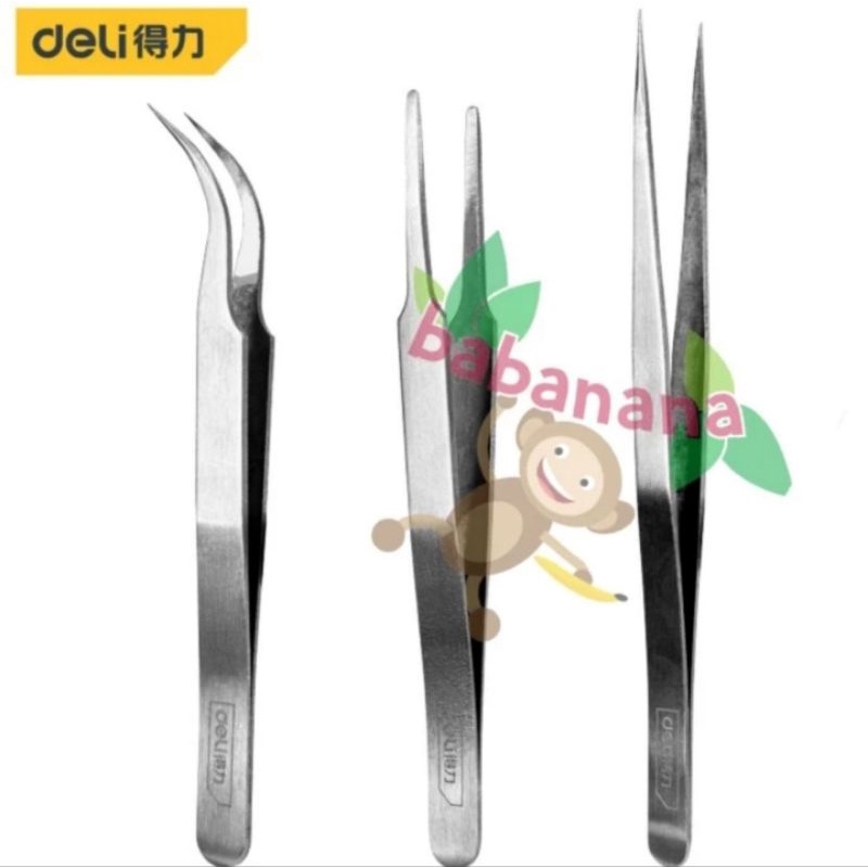 Deli DL396003 silver tweezer set pinset isi 3 stainless steel pencapit