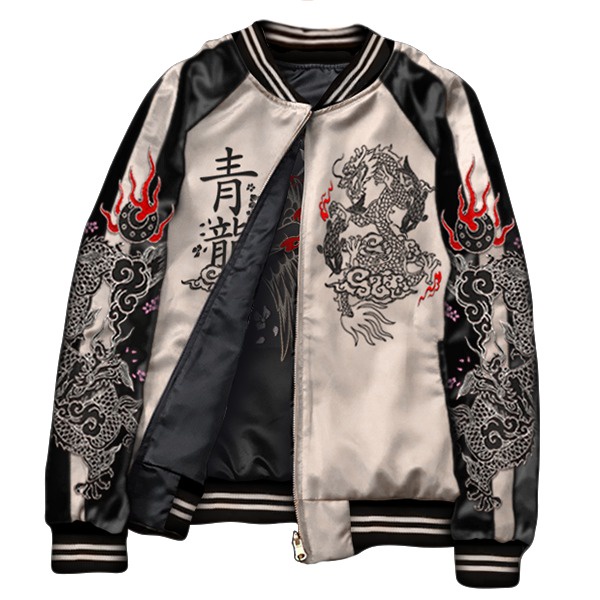 Jaket Sukajan Dragon Koi 2in 1 Full Bordir Jaket Bolak Balik Unisex Japanese Style Jaket Naga