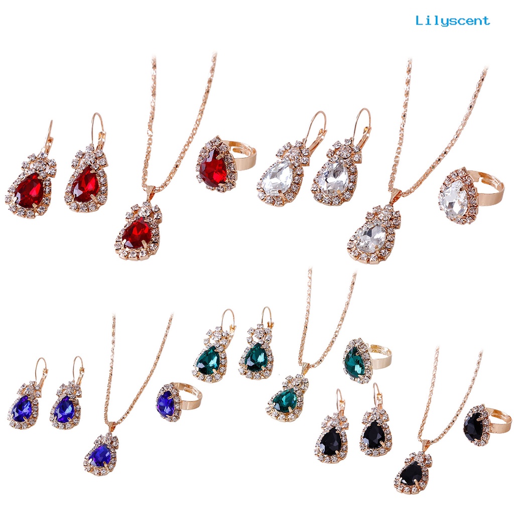 [LS] 3pcs/set Ladies Pendant Necklace Bentuk Tetesan Air Aksesori Tahan Aus Elegan Kalung Menjuntai Anting Cincin Set Untuk Pernikahan