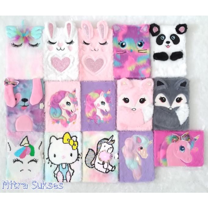 

Notebook buku bulu karakter unicorn kelinci cat panda doggy rubah hell