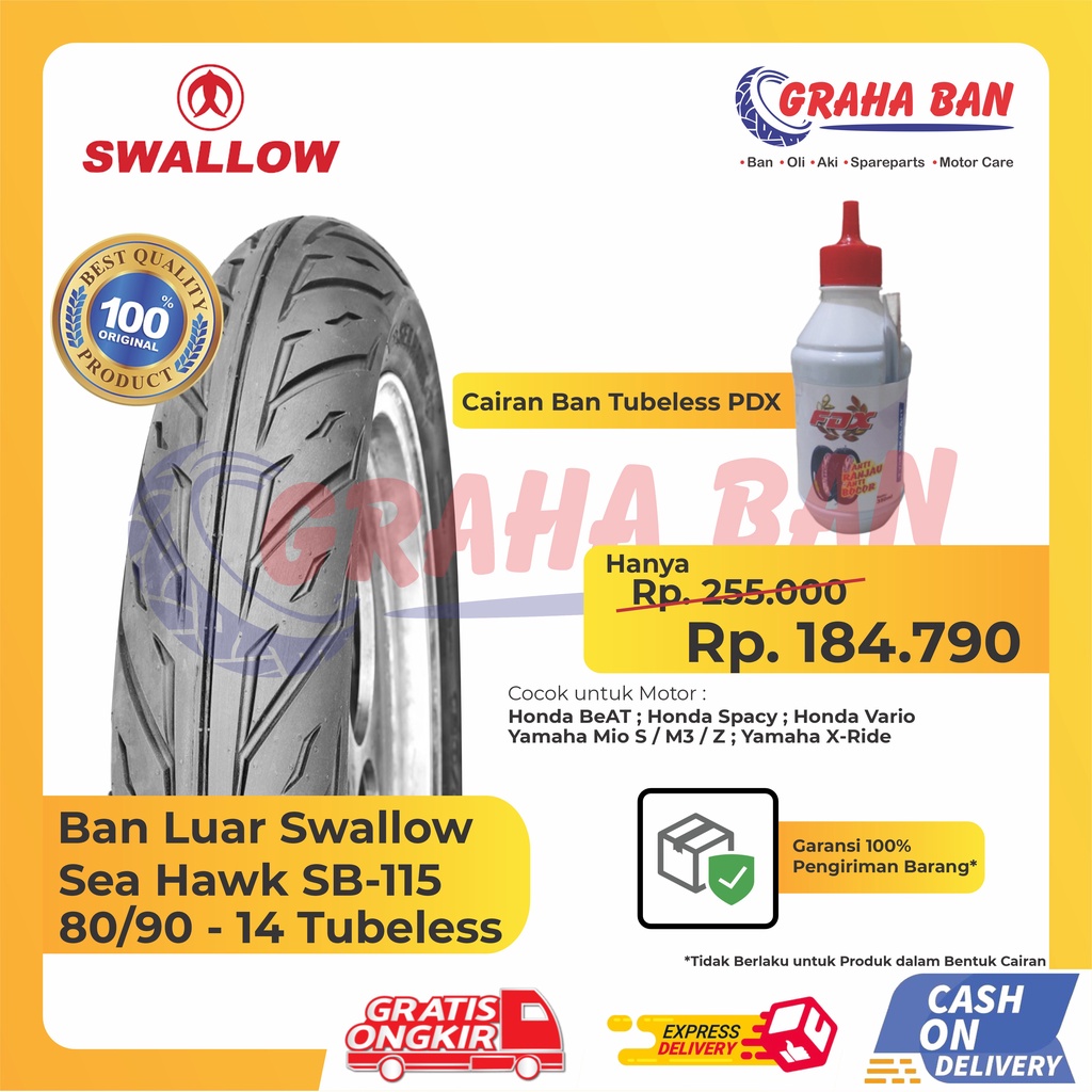 BUNDLING BAN MOTOR TUBELESS SWALLOW SEA HAWK SB-115 RING 14 + CAIRAN BAN TUBELESS / BAN MOTOR ONLY M
