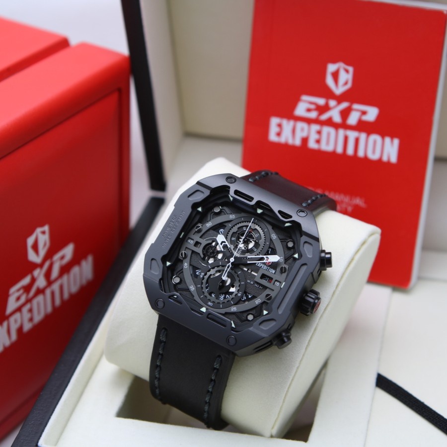 Jam Tangan Expedition Pria E 6826 / E6826 Leather Full Black Original