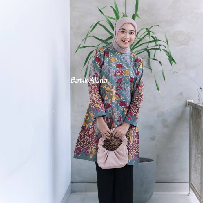 Baju Batik Wanita Premium Modern Kantor Elegan Tunik Lengan Panjang FASHION BATIK ALUNA