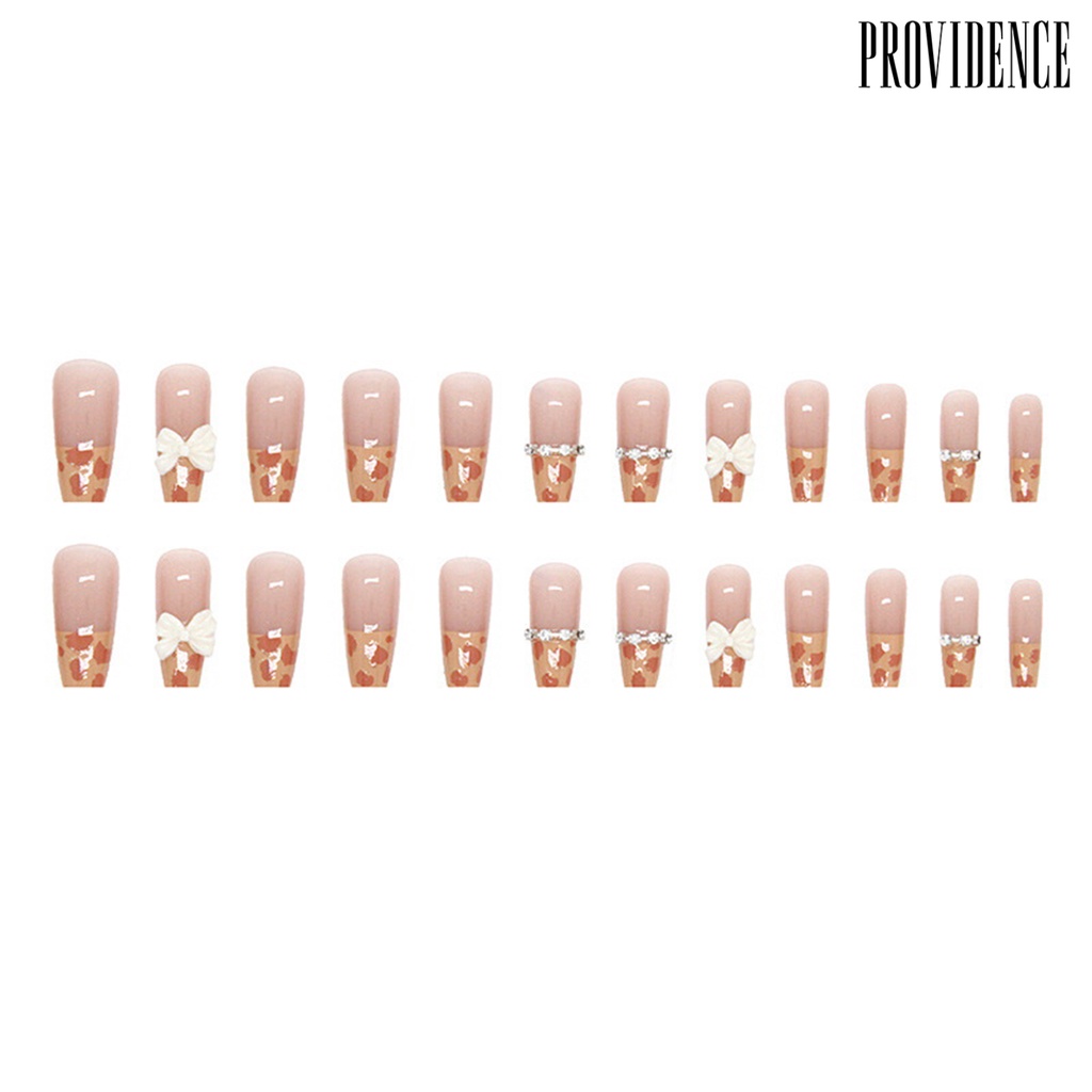 Providence 1set Kuku Palsu Leopard Busur Mudah Dilepas Setengah Perancis Mid Length Diy Nail Art Shiny Rhinestones Press-on Nail Tips Perlengkapan Manicure