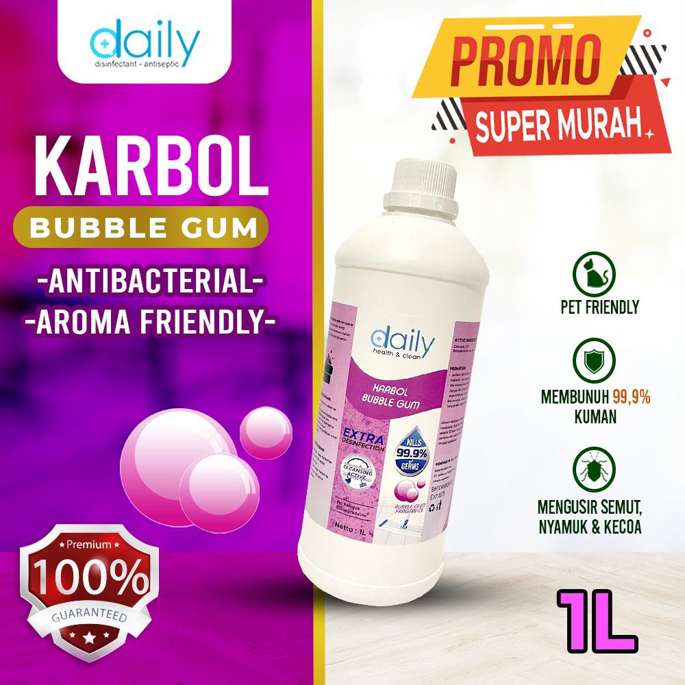 PEMBERSIH LANTAI KARBOL DAILY ANTIBACTERIAL 1 LITER (WANGI BUBBLE GUM, JASMINE DAN SEREH)