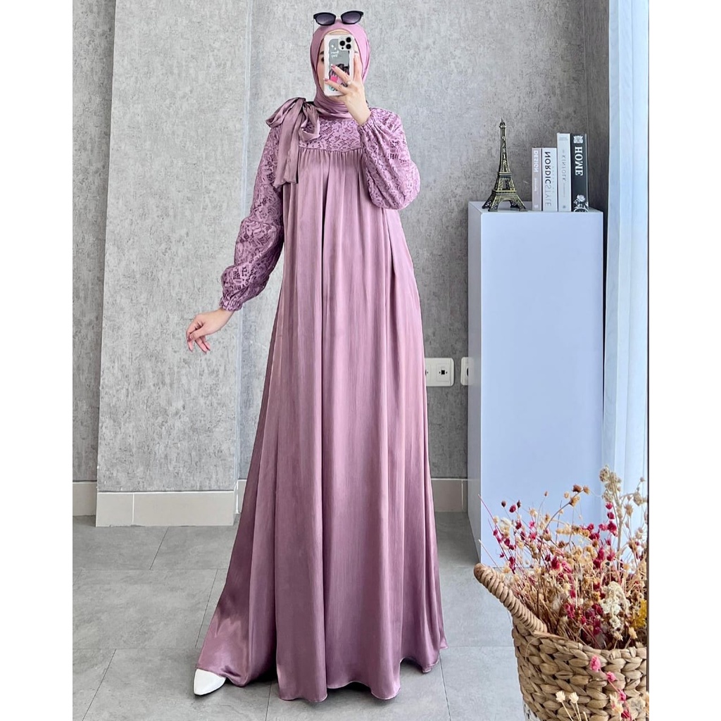 Dress Satin Silk Yumna Bahan Maxmara Mix Brukat Lace Gamis Satin Kondangan Perempuan Dewasa Jumbo Size M,L,XL Baju Dress Bridesmaid Terbaru 2022