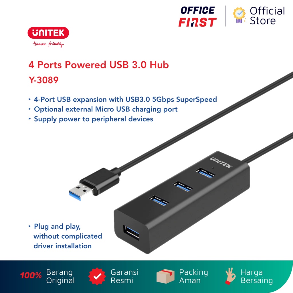 Unitek 4 Ports Powered USB 3.0 Hub 5Gbps Y-3089 Y3089 Extension