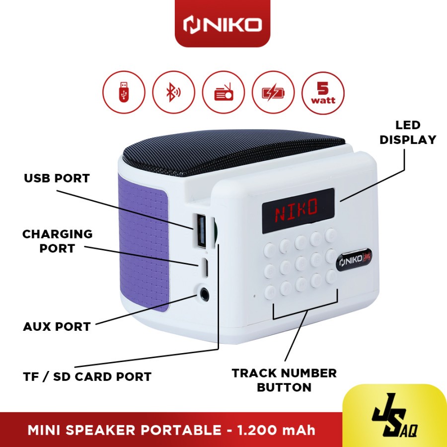 Speaker Mini Portable Niko Wireless Bluetooth Niko JS-AQ Dengan 2&quot; WOOFER EXTRA BASS