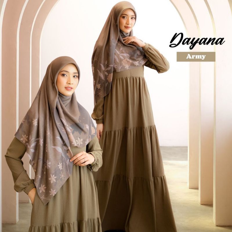 Set Gamis Dress Syari Crinkle Premium Branded Coklat - Dusty Pink - Hijau Army - Hazelnut Mewah Anni