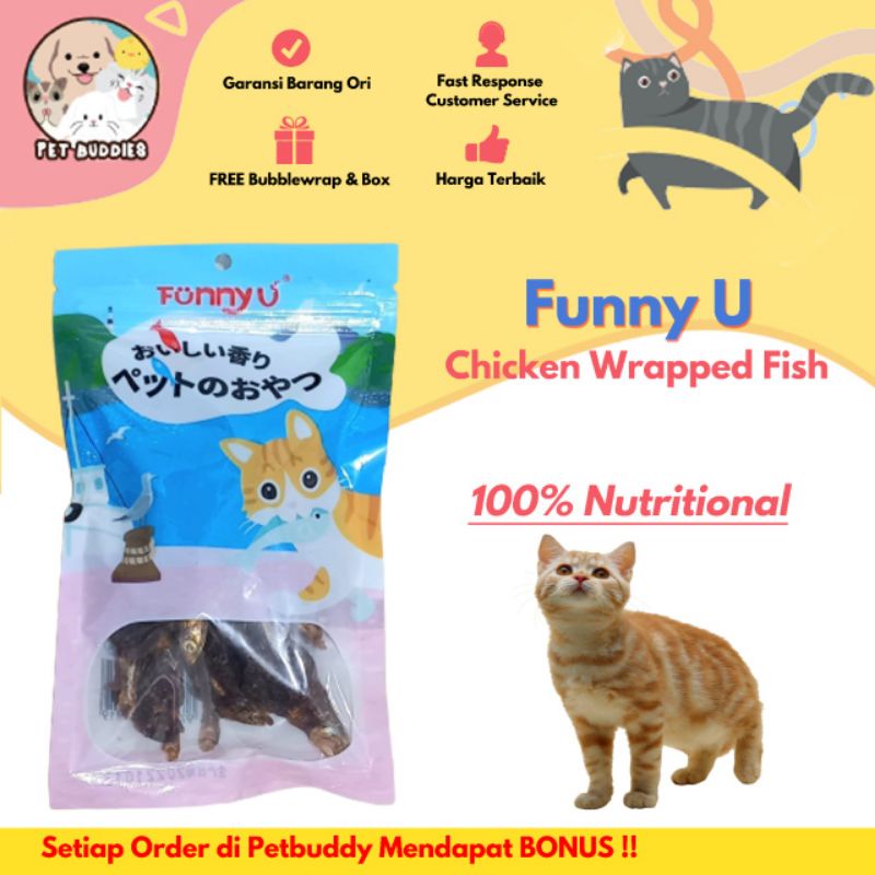 [FREE BONUS]Funny U Chicken Wrapped Fish Anchovies Snack Kucing Dental