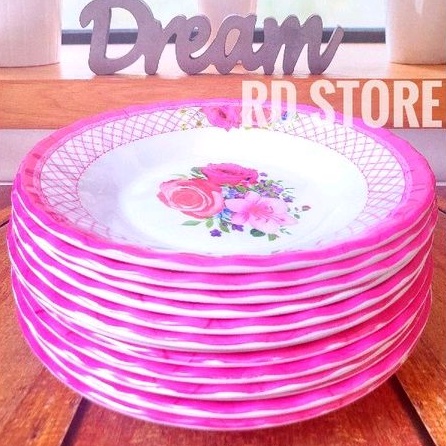 promo 12.pcs piring makan ulir melamine motif rose