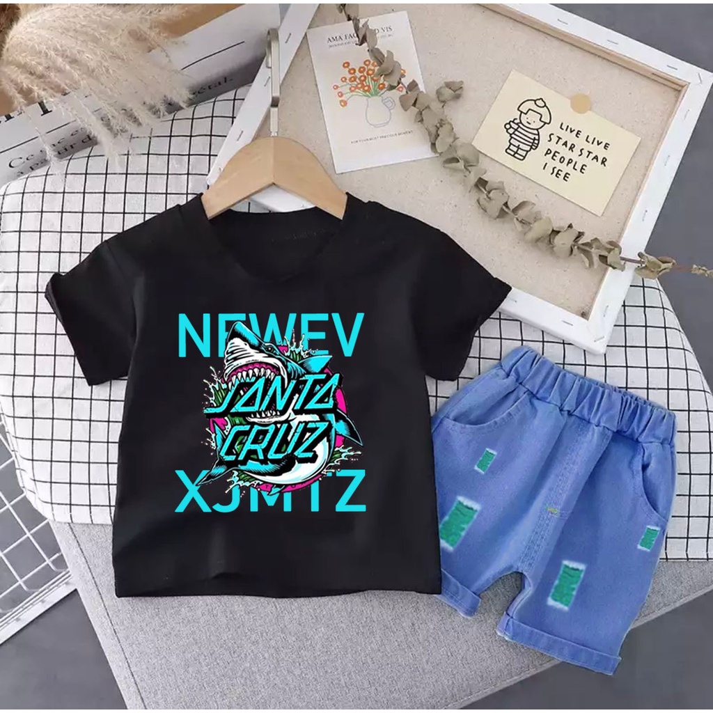 SETELAN ANAK BAJU KAOS CELANA PENDEK BAHAN DENIM UMUR 1-5 TAHUN