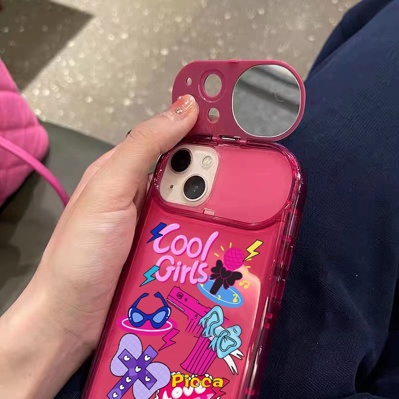 IPHONE Flip Make Up Mirror Case Lensa Kamera Kompatibel Untuk Iphone7 8 Plus XR 11 12 13 14 Pro MAX X XS MAX SE 2020 Kartun Lucu Graffiti Gadis Keren Soft Case