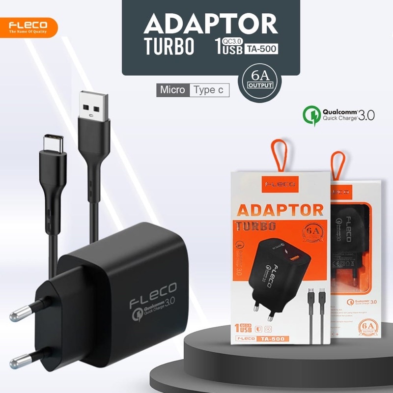 Ready Charger Fleco TA-500 Micro Type C Adaptor Turbo 1USB FAST CHARGING FOR SMARTPHONE BY SMOLL