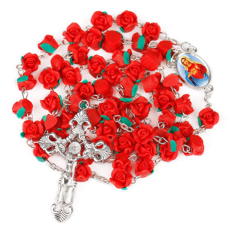 8 mm Polymer Clay Rose Beads Rosario Katolik Kalung Dengan Tanah Kudus Medali Salib Doa Religi Cross Necklaces