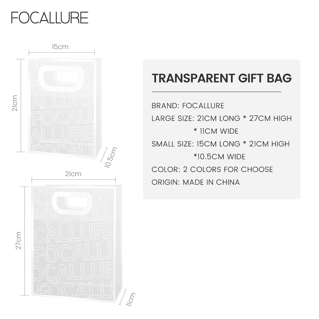 Focallure PVC Handbag Gift Bag Waterproof PVC Transparent Frosted Design Unique Square Handle Durable Two Sizes Dustproof Multi-use