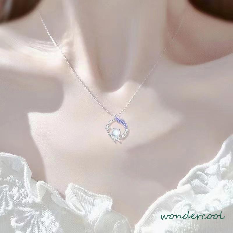 Kalung Rantai Klavikula Liontin Moonstone Gaya Korea Silver Untuk Wanita Aksesoris Perhiasan-Won