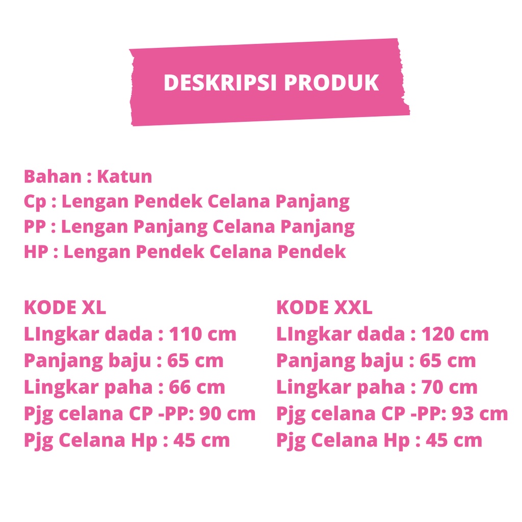 PIYAMA DEWASA JUMBO CP LD 120 cm big size lengan pendek celana panjang lucu