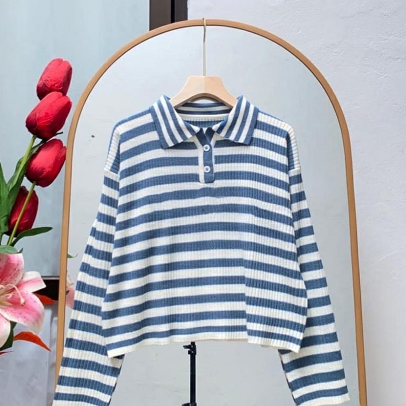 SWEATER RAJUT KERAH MOTIF GARIS SECER WANITA