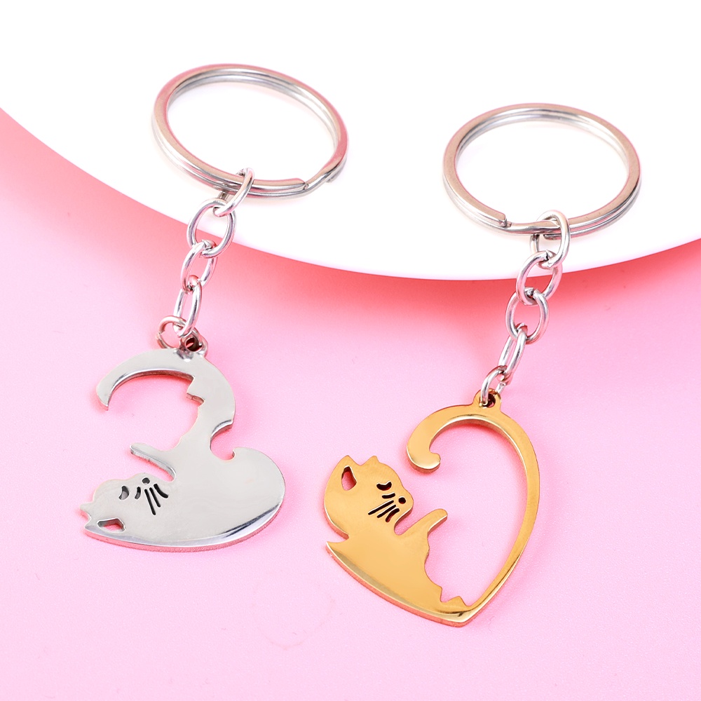 Gantungan Kunci Pasangan Pecinta Hati Bulat Lucu Berbentuk Kucing Keychain Dekorasi Liontin Wanita Gantungan Kunci Aksesoris Pria Stainless Steel Key Ring Untuk Mobil Keyring, Tas Kreatif