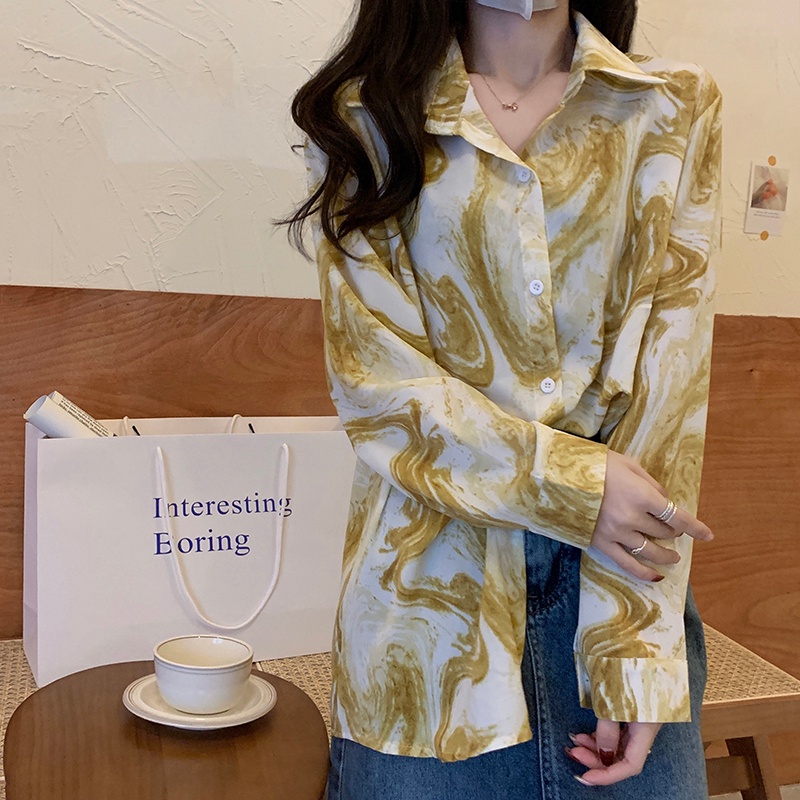 MOOGU ♡ Kemeja korea blouse wanita cetak bunga vintage shirt （Dua kantong）