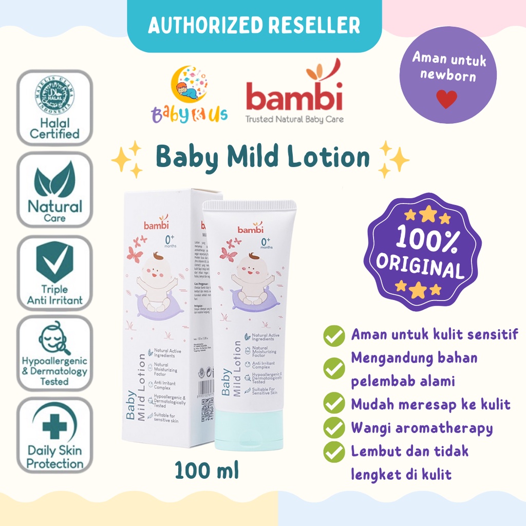 Bambi Baby Mild Lotion 100ml - Body Lotion Bayi Kulit Normal - Sensitif Kaya Kandungan Protein Susu Nabati / Moisture Pelembab Perawatan Kulit Bayi