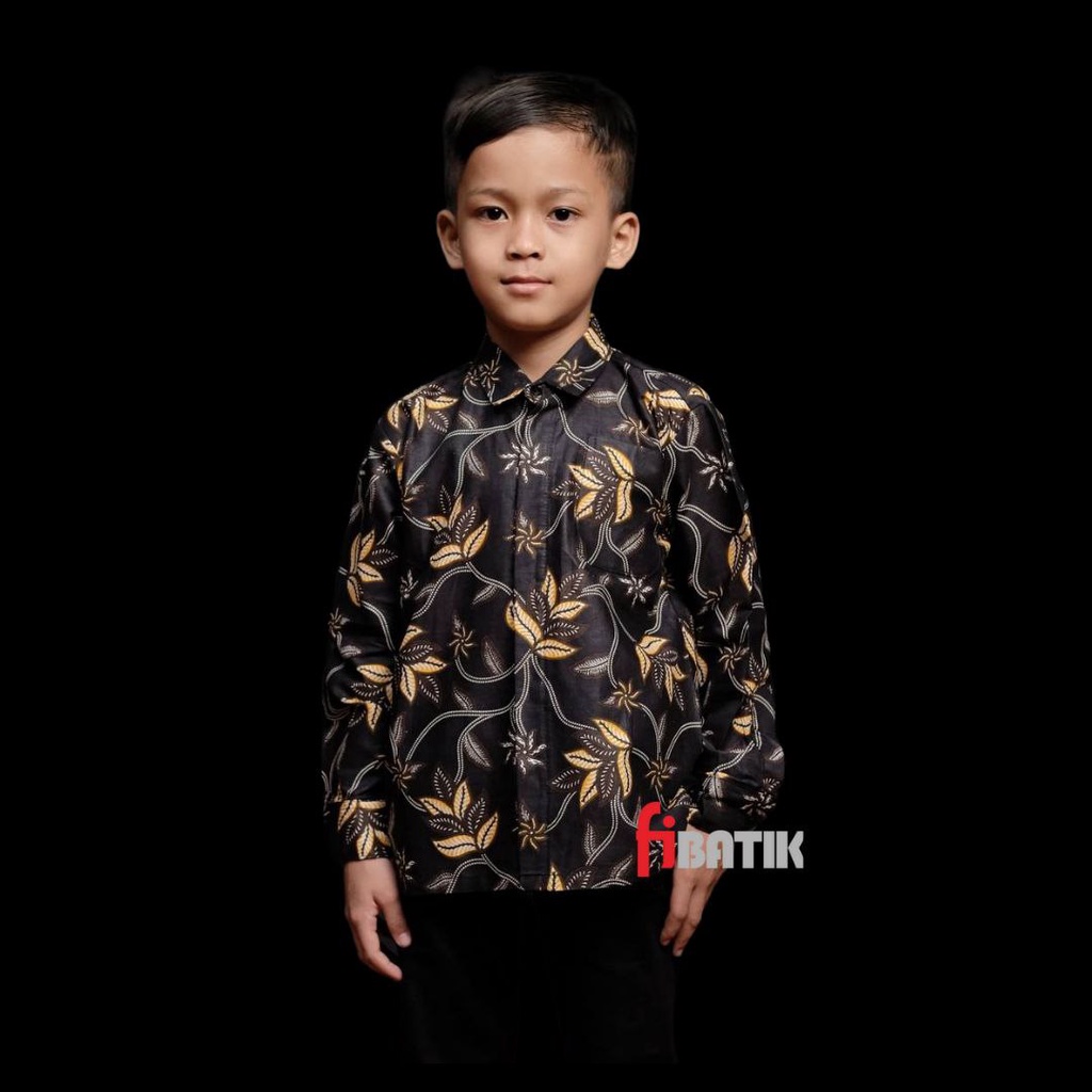 Kemeja Batik Ayah Anak Lengan Panjang Warna Hitam Motif Tangkai Daun Kuning