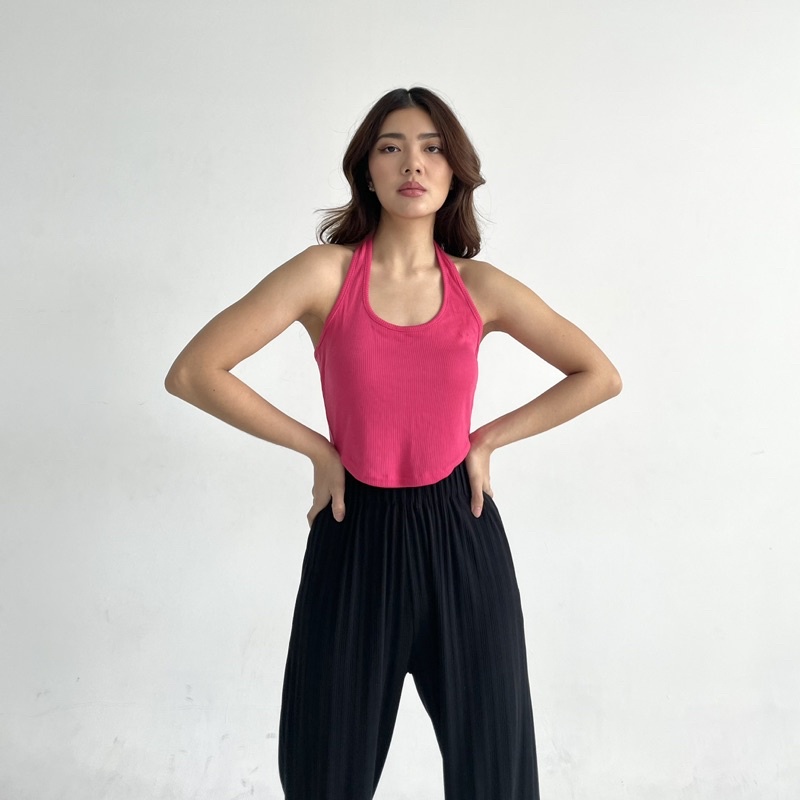 QUA TOP - Ribbed Knit Halter Tank Tanktop Summer Atasan Halter Stretch Rib Ribbed Knit