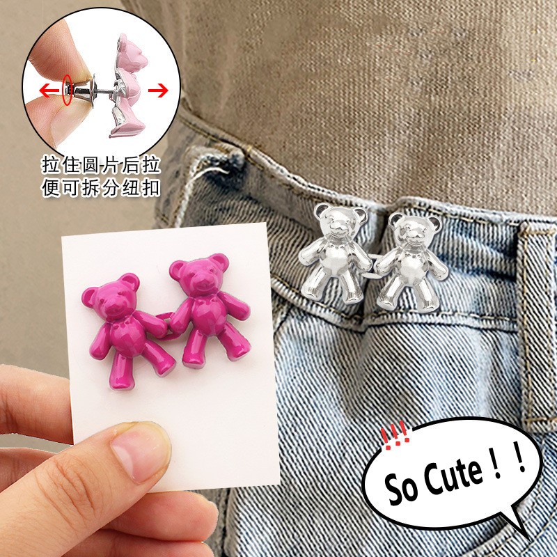 2pcs Cute Bear Metal Buttons Snap Jahit Bebas Kancing Jeans Logam Ukuran Pinggang Tombol Dilepas Aksesoris Beruang Lucu Pengikat Celana Pin