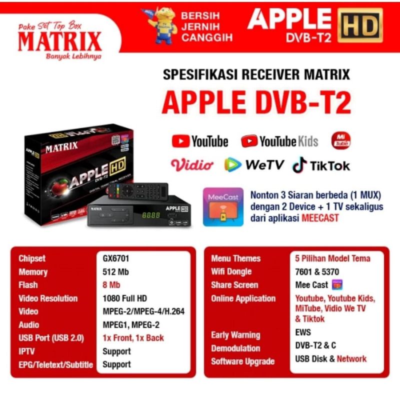 Set Top Box TV Digital STB Matrix Apple HD Merah DVB Wifi Terbaik 2 USB Port