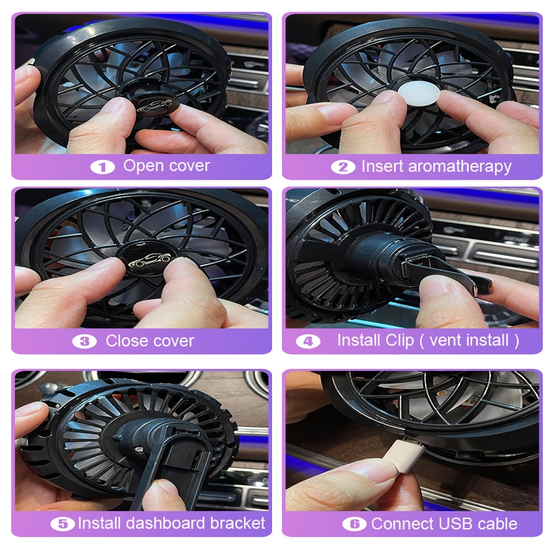 Car USB Cooling Fan Diffuser Kipas Angin LED Mobil Parfum Aromatherapy