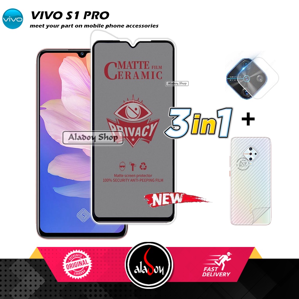 Tempered Glass Anti SPY Vivo S1 Pro Anti Gores Privacy + Tempered Glass kamera dan Skin Carbon