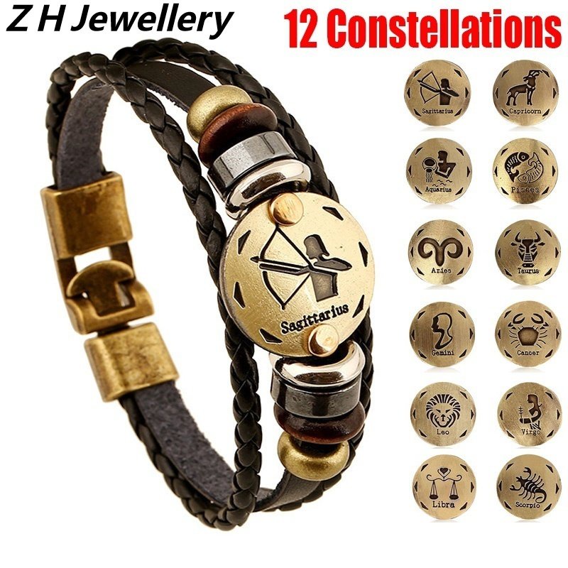 [Z H Perhiasan] Hip Hop Rock Retro Pria Fashion Stainless Steel12Rasi Bintang Multi layer Gelang Kulit Pesta Perhiasan Aksesoris