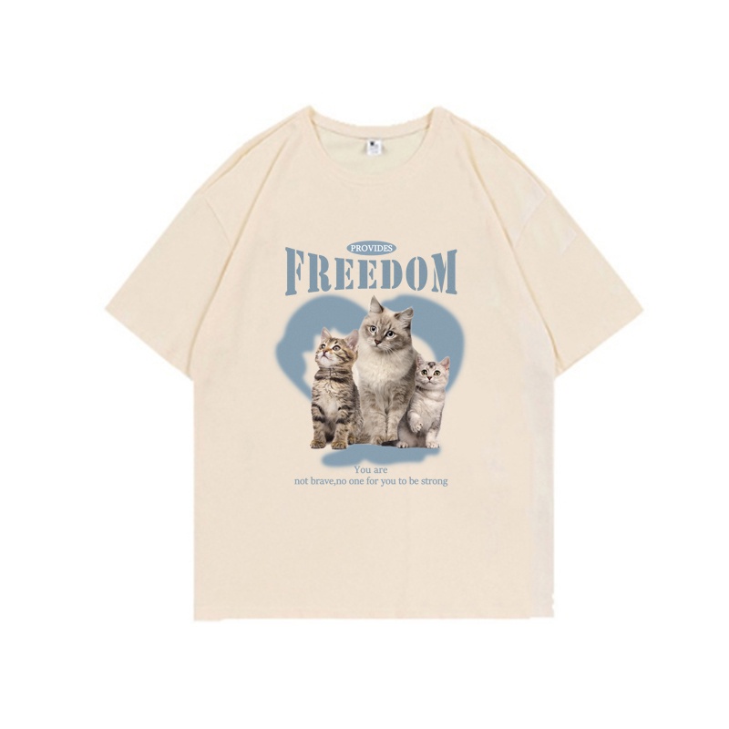 Cat Kaos Lengan Pendek Cream Atasan Wanita Oversize Printed T-shirt Kekinian Korean Style/atasan anak perempuan