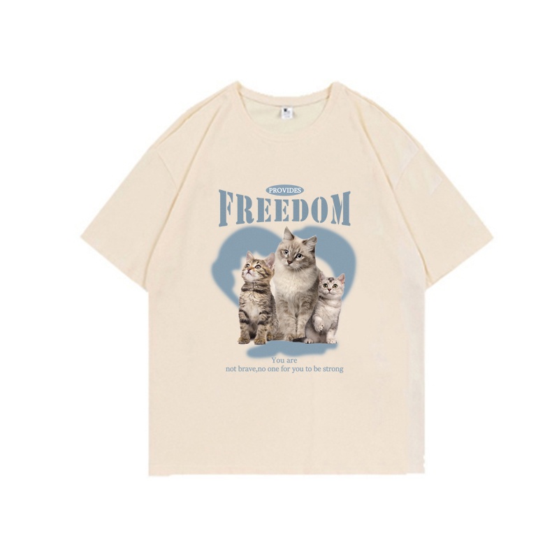 Cat Kaos Lengan Pendek Cream Atasan Wanita Oversize Printed T-shirt Kekinian Korean Style/atasan anak perempuan