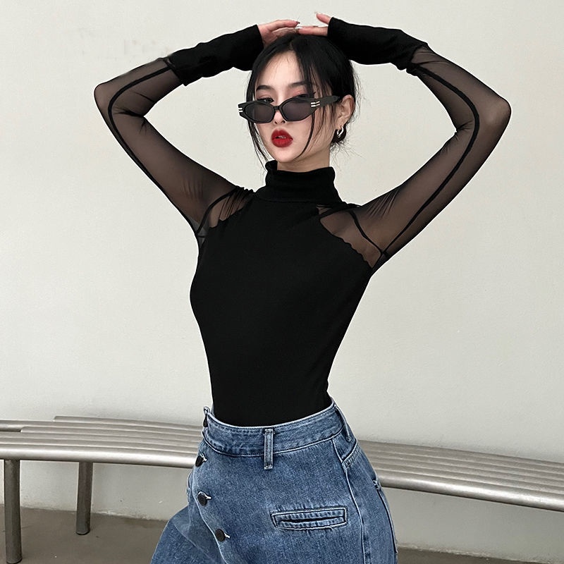 ﹍▥☑Suhao Rapcopter Eropa dan Amerika Seksi Kasa Splicing Jumpsuit T-shirt Wanita Kerah Tinggi Warna Solid Slim Slim Bottoming Top