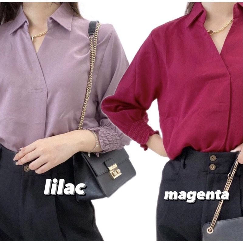 KARA V-Neck Blouse with Collar / Atasan Wanita Kantor Casual Lengan Karet