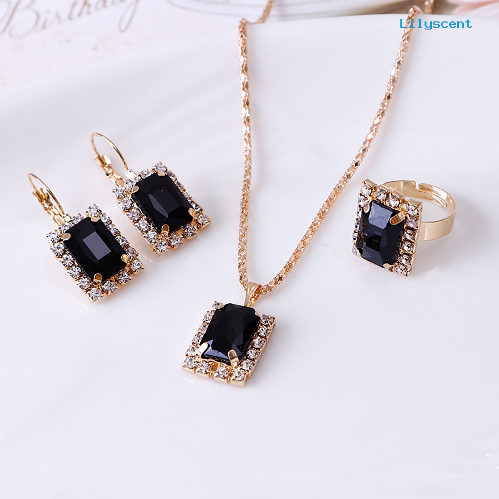 [LS] Set Perhiasan Fashion Wanita Perjamuan Pesta Pernikahan Kalung Anting Cincin Jari