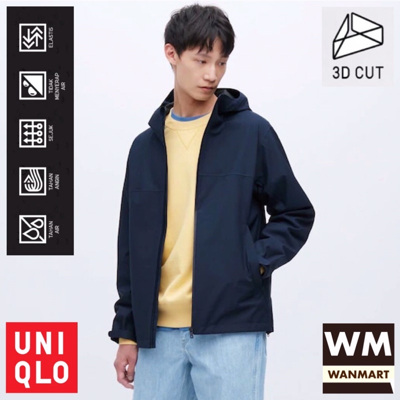 UNIQLO Men Jaket Blocktech Parka Pria Potongan 3D Navy