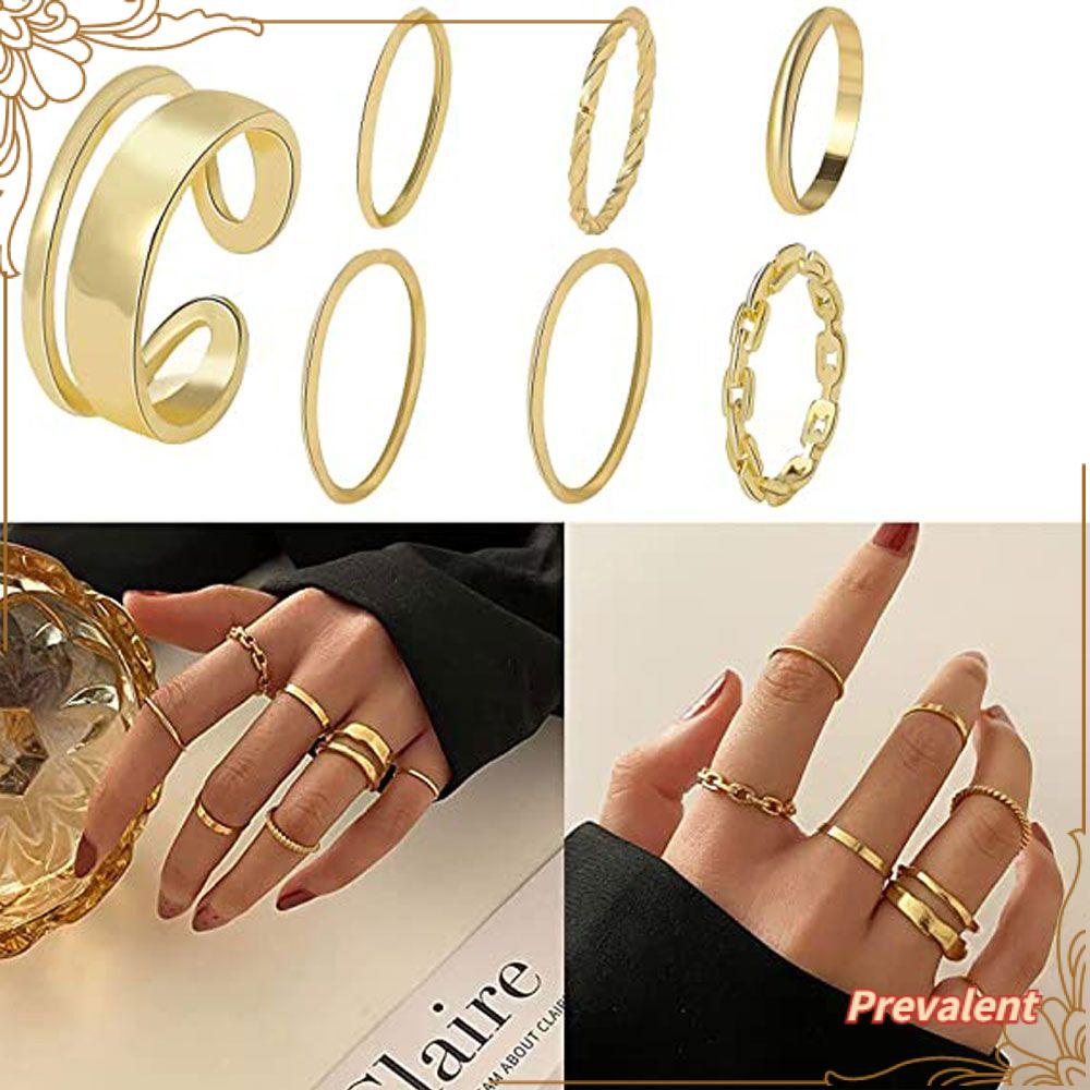 Preva 7pcs/set Cincin Buku Jari Hadiah Pernikahan Fashion Baru Emas Dan Perak