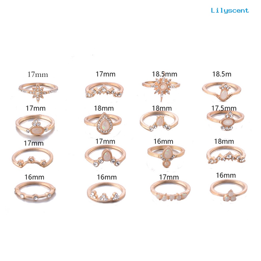 [LS]16Pcs /Set Mahkota Bentuk Berlian Imitasi Knuckle Rings Alloy Bohemia Stackable Finger Rings Perhiasan Aksesori