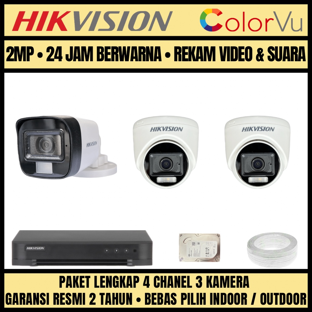 PAKET CCTV HIKVISION 2MP COLORVU 4 CHANNEL 3 CAMERA KAMERA CCTV COLORFUL