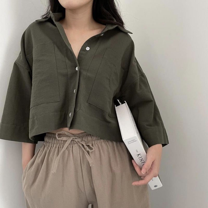 Premium Kemeja Wanita Oversize Linen / Olivia Shirt Kemeja Polos Kemeja Crop Linen Pocket - Oversi