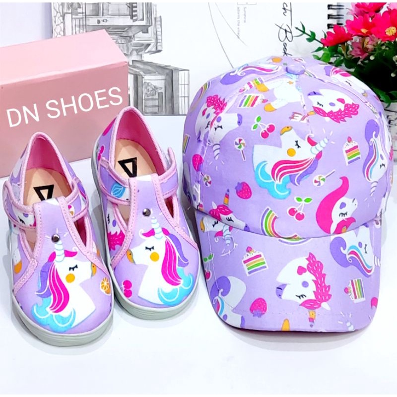 Paket Sepatu Anak Perempuan Paket Flatshoes Anak Topi Pet Anak Perempuan Lucu Karakter Unicorn Ungu Cute