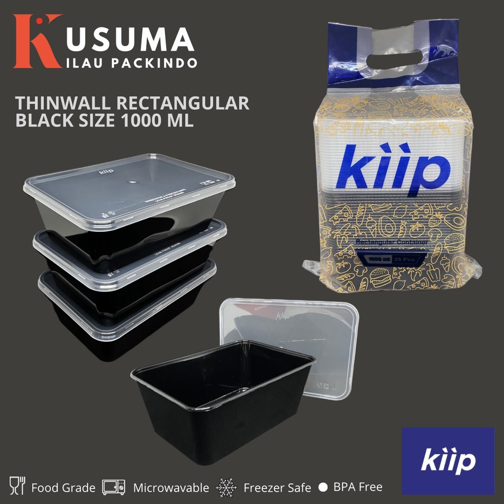 KIIP THINWALL RECTANGULAR BLACK 1000ML ISI 25PCS PER PACK PERSEGI PANJANG HITAM PREMIUM 25 PCS 500 6