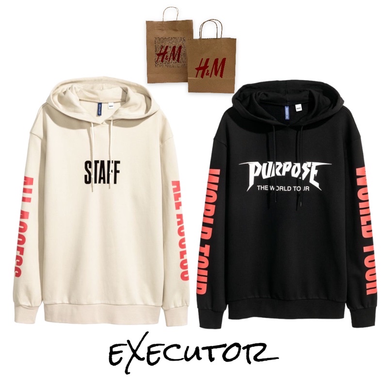 ( 8.8 ) Hoodie H&amp;M Unisex Sablon Staff Purpose Tour Black dan Cream, Flecee Lembut Tebal, Free Papperbag