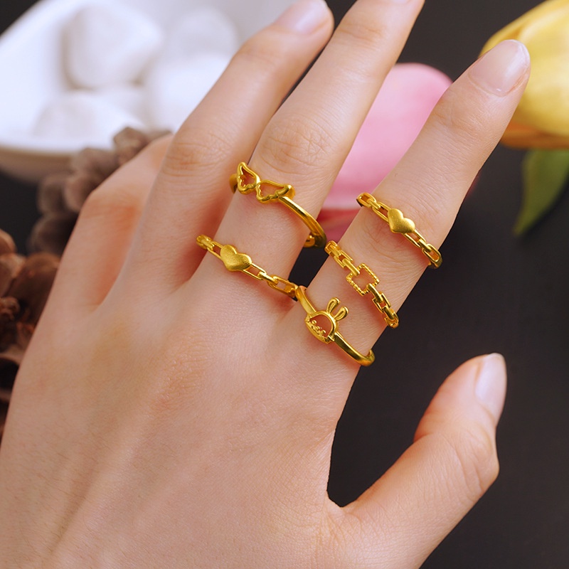 Goldkingdom Perhiasan Fashion Emas Asli Kadar 375 Bangkok Aksesoris Ready Stock Wanita Lapis Emas Halus Simple Series Adjustable Ring Cincin Love Cute Bunny